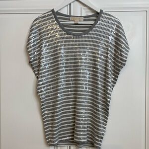 Michael Michael Kors Size X-Small Short Sleeve Top Grey White Stripes Sequins